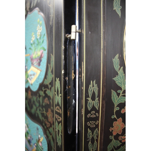 1264 - LARGE CHINESE LACQUERED & CLOISONNE SCREEN a large 20thc six fold lacquered screen, inset with clois... 