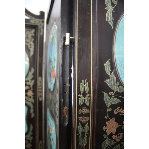 1264 - LARGE CHINESE LACQUERED & CLOISONNE SCREEN a large 20thc six fold lacquered screen, inset with clois... 