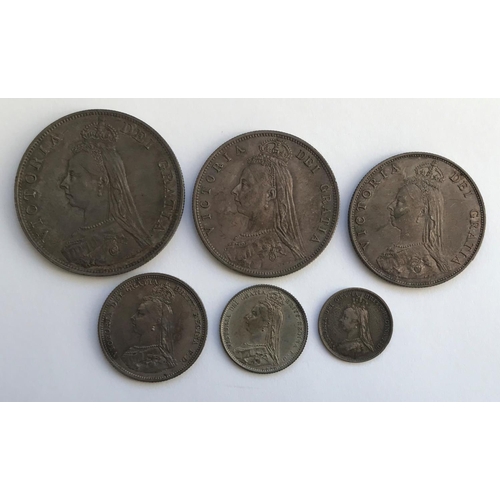 1160 - THE SILVER COINAGE OF 1887 DOUBLE FLORIN TO THREEPENCE. Comprising Double Florin, Halfcrown, Florin,... 