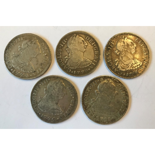 1176 - FIVE CHARLES III TWO REALES COINS. Five Spanish Charles III Two Reales coins 1774 (2), 1779, 1786 an... 