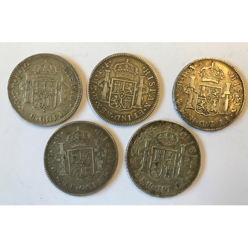 1176 - FIVE CHARLES III TWO REALES COINS. Five Spanish Charles III Two Reales coins 1774 (2), 1779, 1786 an... 