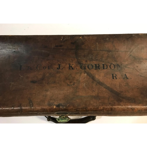 381 - A LARGE LEATHER GUN CASE. A leather gun case, marked 'Lt. Col. J.K. Gordon R.A.' interior lacking, 1... 