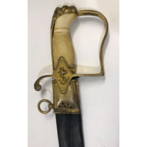 421 - AN EARLY 19TH CENTURY NAVAL OFFICER'S FIGHTING SABRE. With a 66cm curved and pointed single sided bl... 