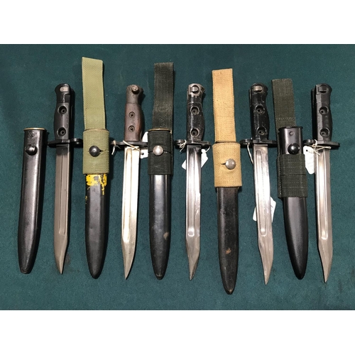 457 - A COLLECTION OF FIVE LIA3 AND SIMILAR BAYONETS AND SCABBARDS. Five similar LIA 3 type SLR rifle bayo... 