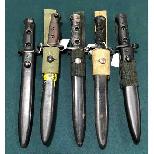 457 - A COLLECTION OF FIVE LIA3 AND SIMILAR BAYONETS AND SCABBARDS. Five similar LIA 3 type SLR rifle bayo... 