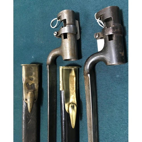 461 - A BRITISH 1853 PATTERN SOCKET BAYONET AND SCABBARD AND ANOTHER.  The bayonet with a 43cm triform bla... 