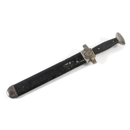 492 - A RED CROSS HEWER AND SCABBARD. The 27cm fuller blade with flatted tip, with saw blade to one edge, ... 