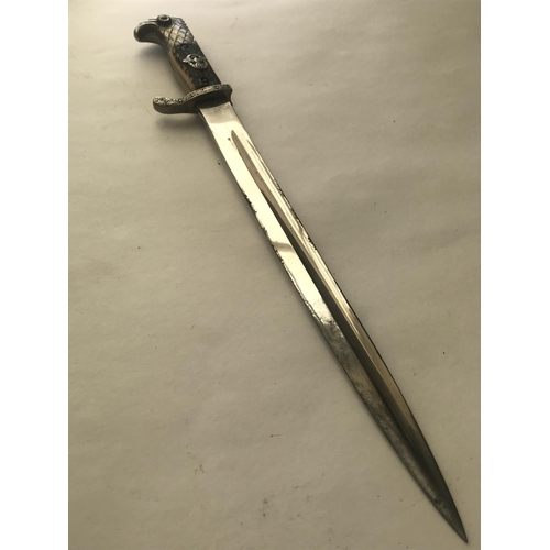 496 - A POLICE BAYONET AND SCABBARD BY EICKHORN. The 33.5cm pointed fullered blade marked for Carl Eickhor... 