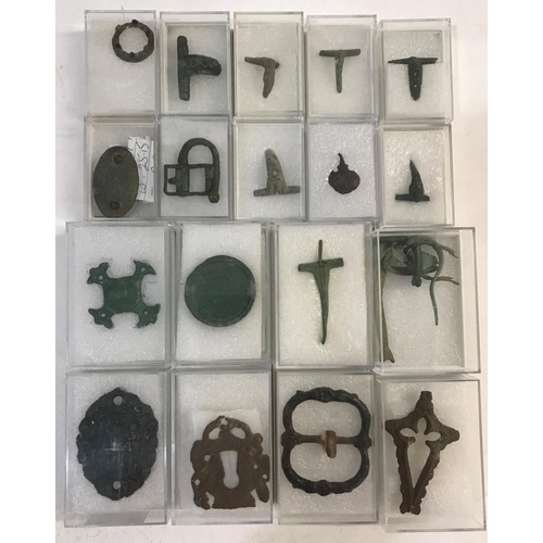 908 - A COLLECTION OF ROMAN BROOCHES AND OTHER METAL DETECTING FINDS. Various Roman brooches, Medieval bel... 