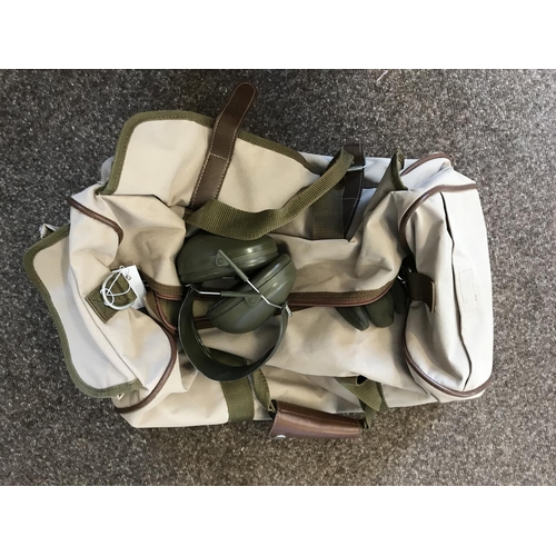 383 - A BARBOUR GAME BAG, GUN CASE ETC. A Barbour leather and canvas game bag with central compartment and... 