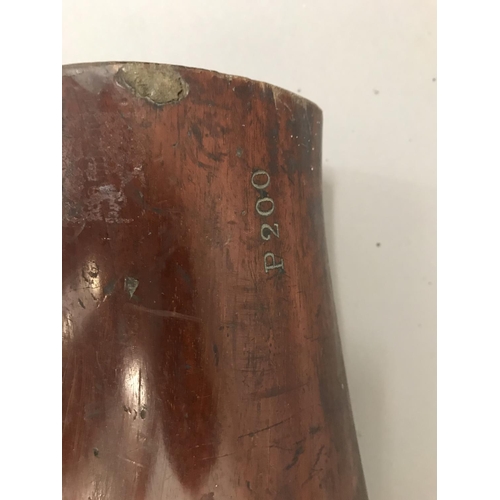 673 - A LAMINATED MAHOGANY PROPELLER BLADE. A propeller blade stamped P200, 118cm long, 26cm wide.