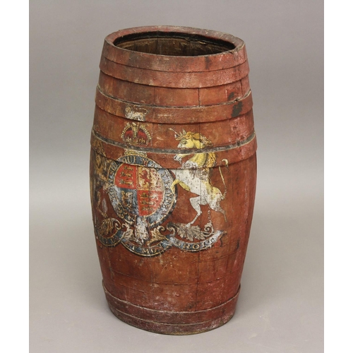 2237 - A RED PAINTED BARREL WITH ROYAL COAT OF ARMS. A red painted coopered barrel of oval bellied form dec... 