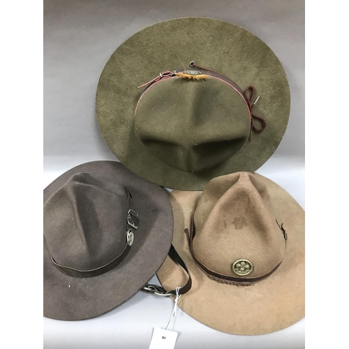 143 - Three Felt Boy Scout Hats with Hat Bands and Scout Badges