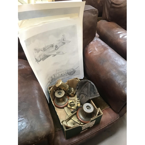 300 - Aviation Prints, Hat and Collection of Brass Items