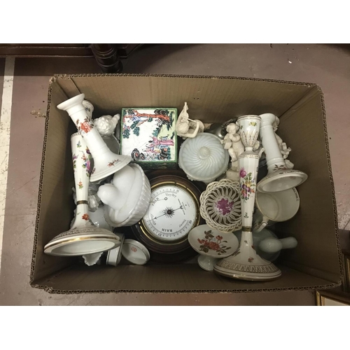 369 - Box of Assorted China to include Candlesticks, Figurines etc