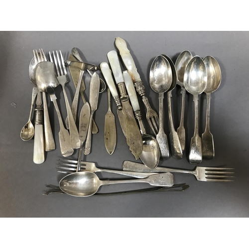 75 - Six Silver Fiddle Pattern Teaspoons and Loose Plated Flatware