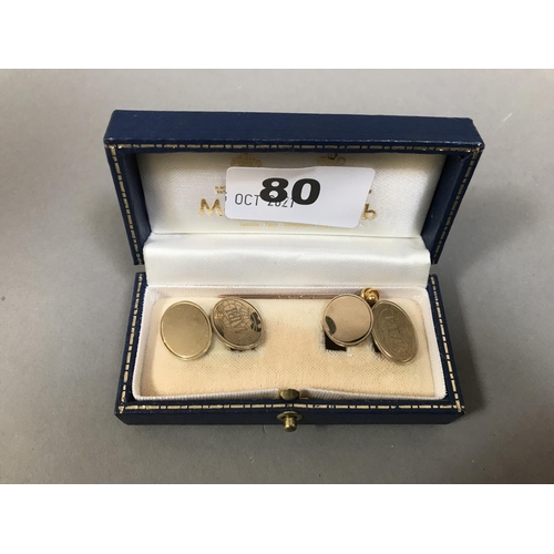 80 - Cased Pair of 9ct Gold Cufflinks and a Stick Pin