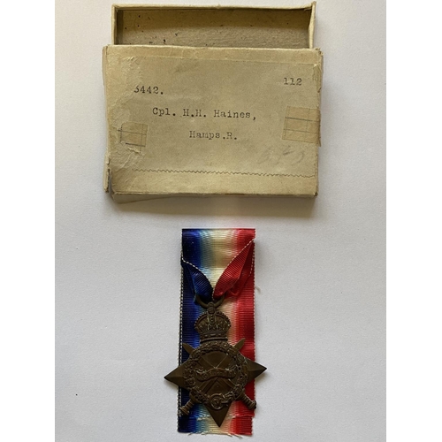 1001 - A FIRST WORLD WAR 14/15 STAR TO THE HAMPSHIRE REGIMENT. A 1914-15 Star named to Cpl H.H.H. Haines  H... 