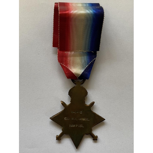 1001 - A FIRST WORLD WAR 14/15 STAR TO THE HAMPSHIRE REGIMENT. A 1914-15 Star named to Cpl H.H.H. Haines  H... 