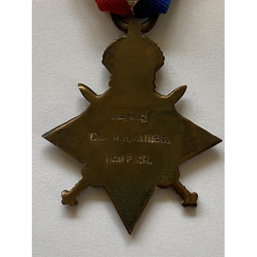 1001 - A FIRST WORLD WAR 14/15 STAR TO THE HAMPSHIRE REGIMENT. A 1914-15 Star named to Cpl H.H.H. Haines  H... 