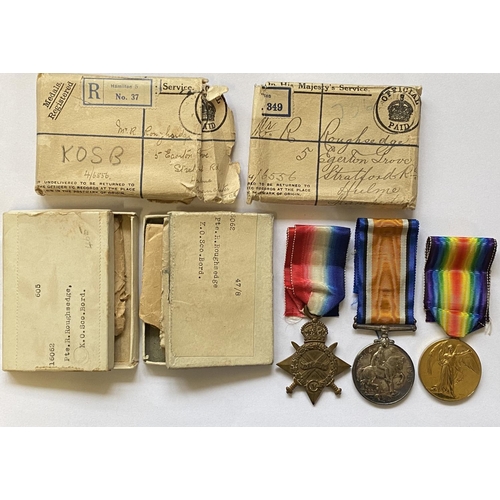 1017 - A GT WAR TRIO TO THE KINGS OWN SCOTTISH BORDERERS. A 1914/15 Star, British War & Victory Medals in e... 