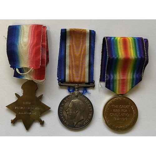 1017 - A GT WAR TRIO TO THE KINGS OWN SCOTTISH BORDERERS. A 1914/15 Star, British War & Victory Medals in e... 