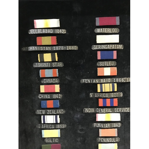 1020 - A FRAMED COLLECTION OF VICTORIAN MEDAL RIBBONS. A collection of 75 medal ribbons, including campaign... 