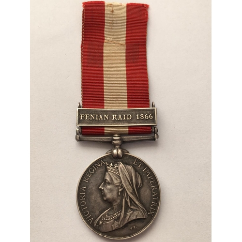 1065 - A CANADA GENERAL SERVICE MEDAL. A Canada General Service Medal with Fenian Raid 1866 clasp, named to... 