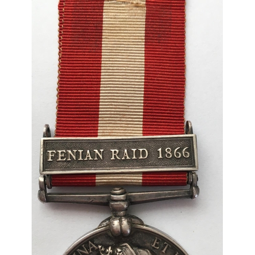 1065 - A CANADA GENERAL SERVICE MEDAL. A Canada General Service Medal with Fenian Raid 1866 clasp, named to... 