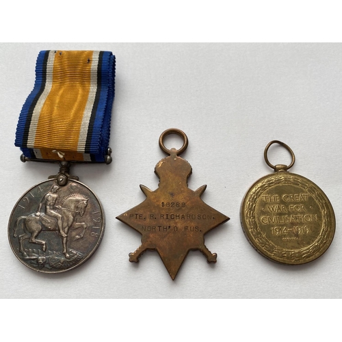 1088 - A FIRST WORLD WAR TRIO TO THE NORTHUMBERLAND FUSILIERS. A Great War trio comprising 14-15 Star named... 