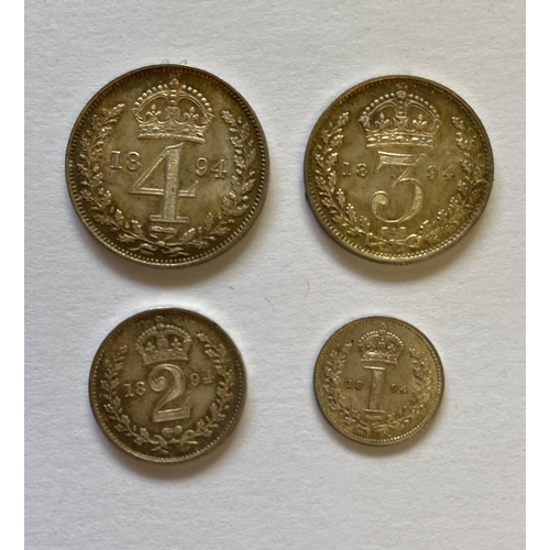 1116 - A SET OF FOUR VICTORIAN MAUNDY COINS. Maundy coins dated 1894 comprising 4d, 3d, 2d and 1d. 4 coins.... 