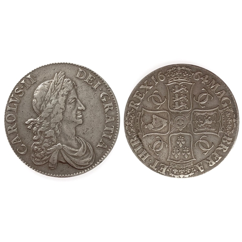 1129 - A CHARLES II CROWN. A Charles II Crown dated 1664, second draped bust r. reverse with crossed 'C's i... 