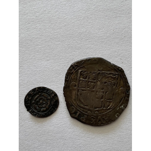 1134 - A JAMES I PENNY AND TWO OTHERS. A James I hammered silver penny, rose obverse. A Charles I shilling,... 