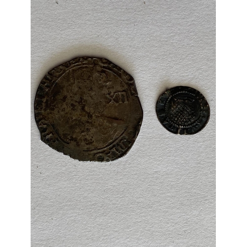 1134 - A JAMES I PENNY AND TWO OTHERS. A James I hammered silver penny, rose obverse. A Charles I shilling,... 