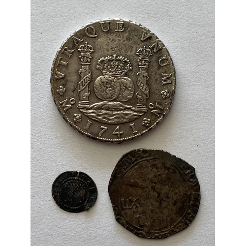 1134 - A JAMES I PENNY AND TWO OTHERS. A James I hammered silver penny, rose obverse. A Charles I shilling,... 