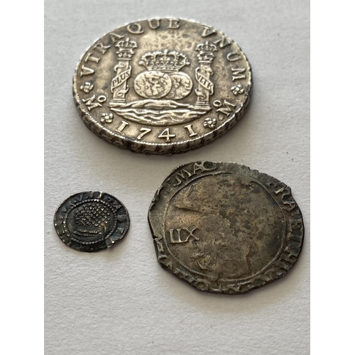 1134 - A JAMES I PENNY AND TWO OTHERS. A James I hammered silver penny, rose obverse. A Charles I shilling,... 