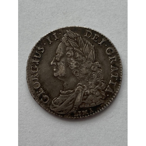 1137 - A GEORGE II HALFCROWN. A George II Lima Halfcrown dated 1745, Old Laureate bust l, reverse plain ang... 