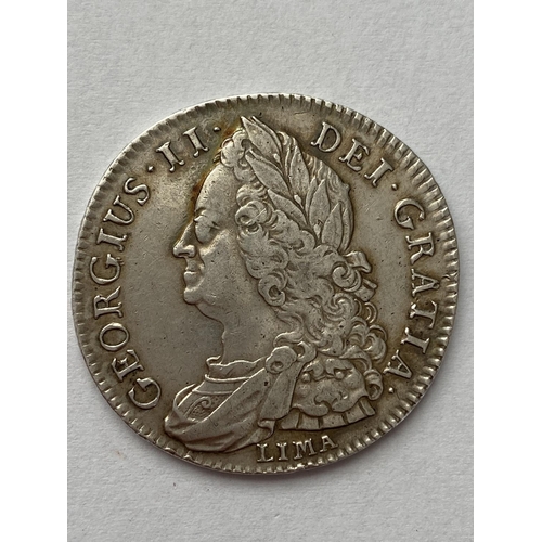 1140 - A GEORGE II HALFCROWN. A George II Halfcrown dated 1745, Lima below laureate and draped bust, Rim wi... 