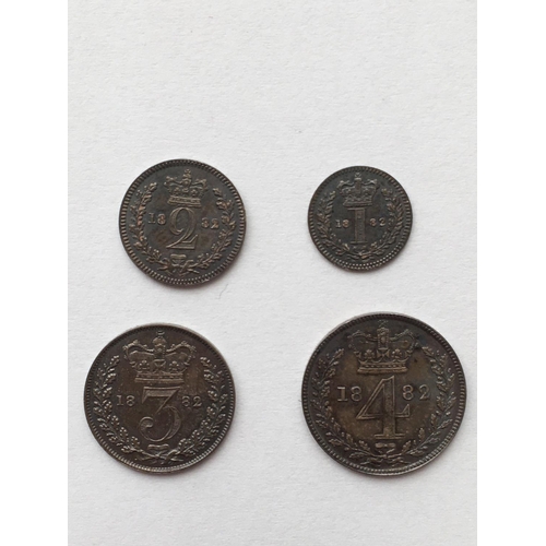 1143 - A CASED SET OF VICTORIAN MAUNDY COINS. Victorian Maundy coins, 4d, 3d, 2d and 1d, young bust, dated ... 