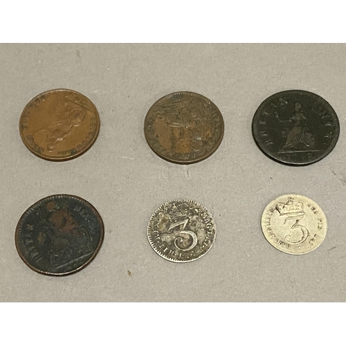 1155 - A SMALL COLLECTION OF CHARLES II AND LATER 3D AND FARTHINGS. A George III 3d, dated 1762 and a simil... 