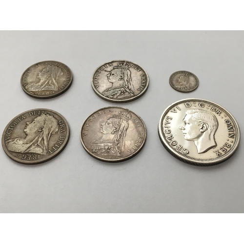 1156 - A SMALL COLLECTION OF VICTORIAN AND LATER SILVER COINS. Victorian halfcrowns for 1887, 1889, and 189... 