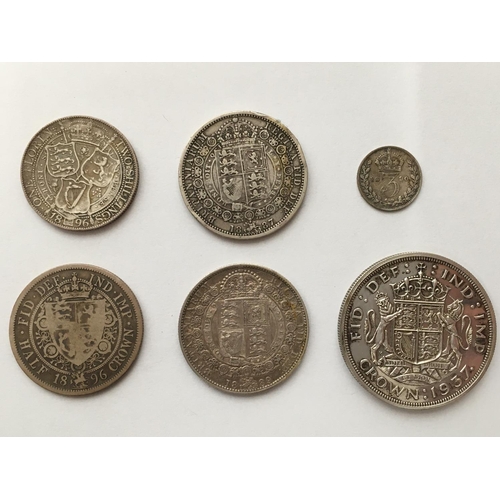 1156 - A SMALL COLLECTION OF VICTORIAN AND LATER SILVER COINS. Victorian halfcrowns for 1887, 1889, and 189... 