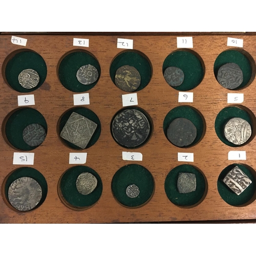 1157 - A VICTORIAN MAHOGANY COIN BOX AND A QUANTITY OF COINS. A mahogany box by T. Cooke and son with brass... 