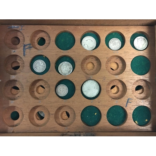 1157 - A VICTORIAN MAHOGANY COIN BOX AND A QUANTITY OF COINS. A mahogany box by T. Cooke and son with brass... 