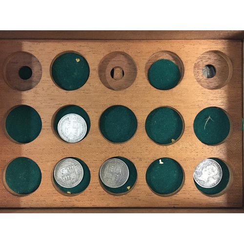 1157 - A VICTORIAN MAHOGANY COIN BOX AND A QUANTITY OF COINS. A mahogany box by T. Cooke and son with brass... 