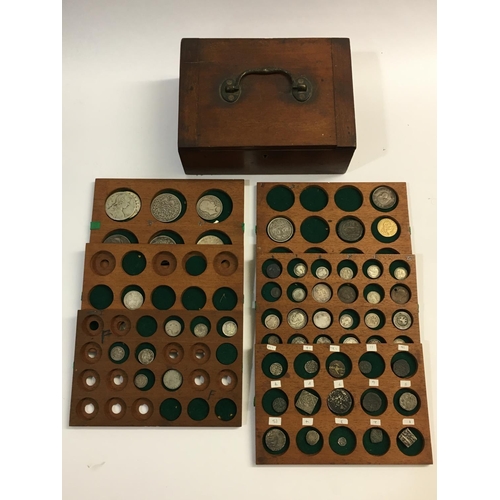 1157 - A VICTORIAN MAHOGANY COIN BOX AND A QUANTITY OF COINS. A mahogany box by T. Cooke and son with brass... 