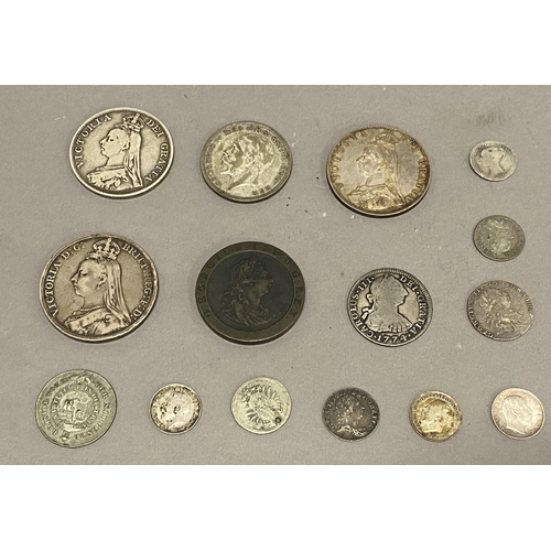 1193 - A MIXED COLLECTION OF SILVER COINS, GEORGE III AND LATER. Charles II threepence for 1683, George III... 