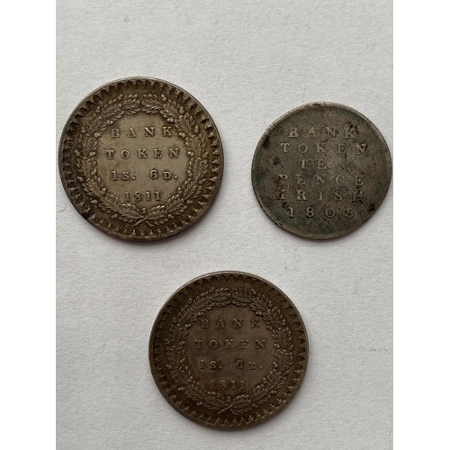 1194 - TWO GEORGE III BANK TOKENS AND ANOTHER. A George III silver Bank Token for 1s 6d dated 1811, and ano... 