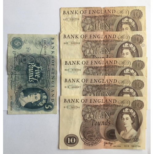 1197 - FIVE SERIES 'C' PORTRAIT ISSUE TEN POUND NOTES. Five Series 'C' notes, one J.Q.Hollom A27 520775 and... 