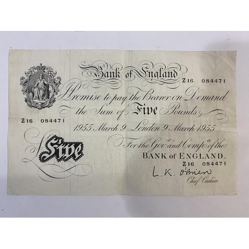 1210 - A BANK OF ENGLAND O'BRIEN WHITE FIVE POUND NOTE. A Five pound note signed by L.K. O'Brien, number Z1... 